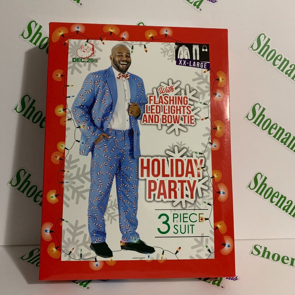 Ugly Christmas Suit DEC 25TH 3 Piece Light Up Bow Tie Candy Cane Blue XXL 2XL